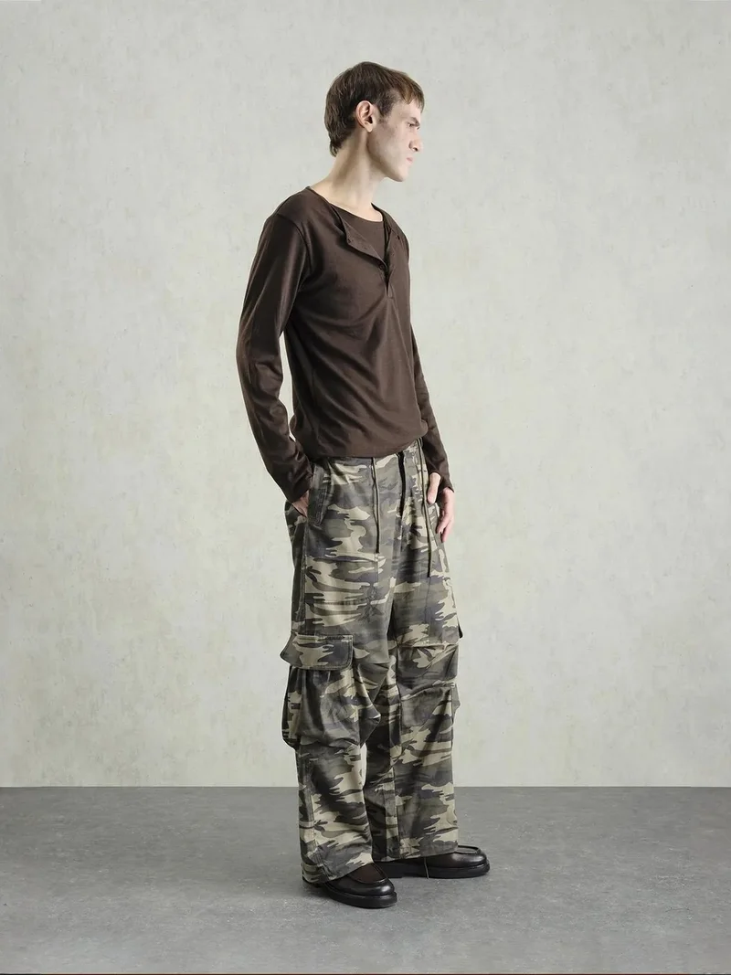 Giesto Mocha Brown GIESTO Buttoned Crew Neck Long Sleeve T-Shirt for Men | Best Price UAE